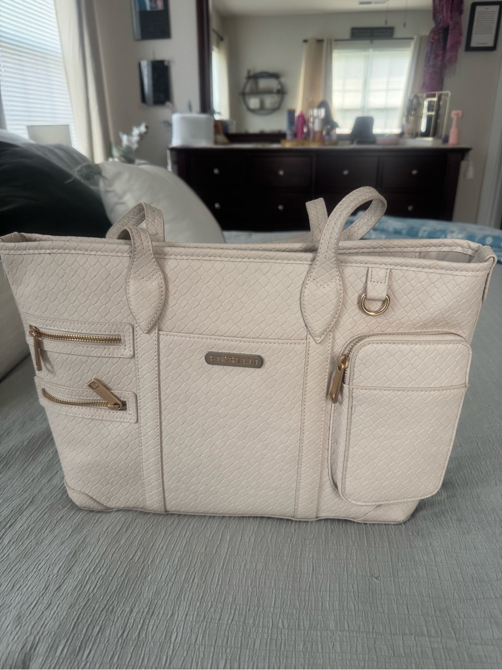 Fiorelli Ivory Quilted Tote with Gold Hardware and External Pockets